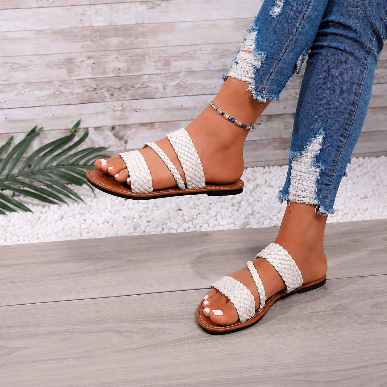 Braided Strap Lightweight Casual Flat Slide Sandals for Women