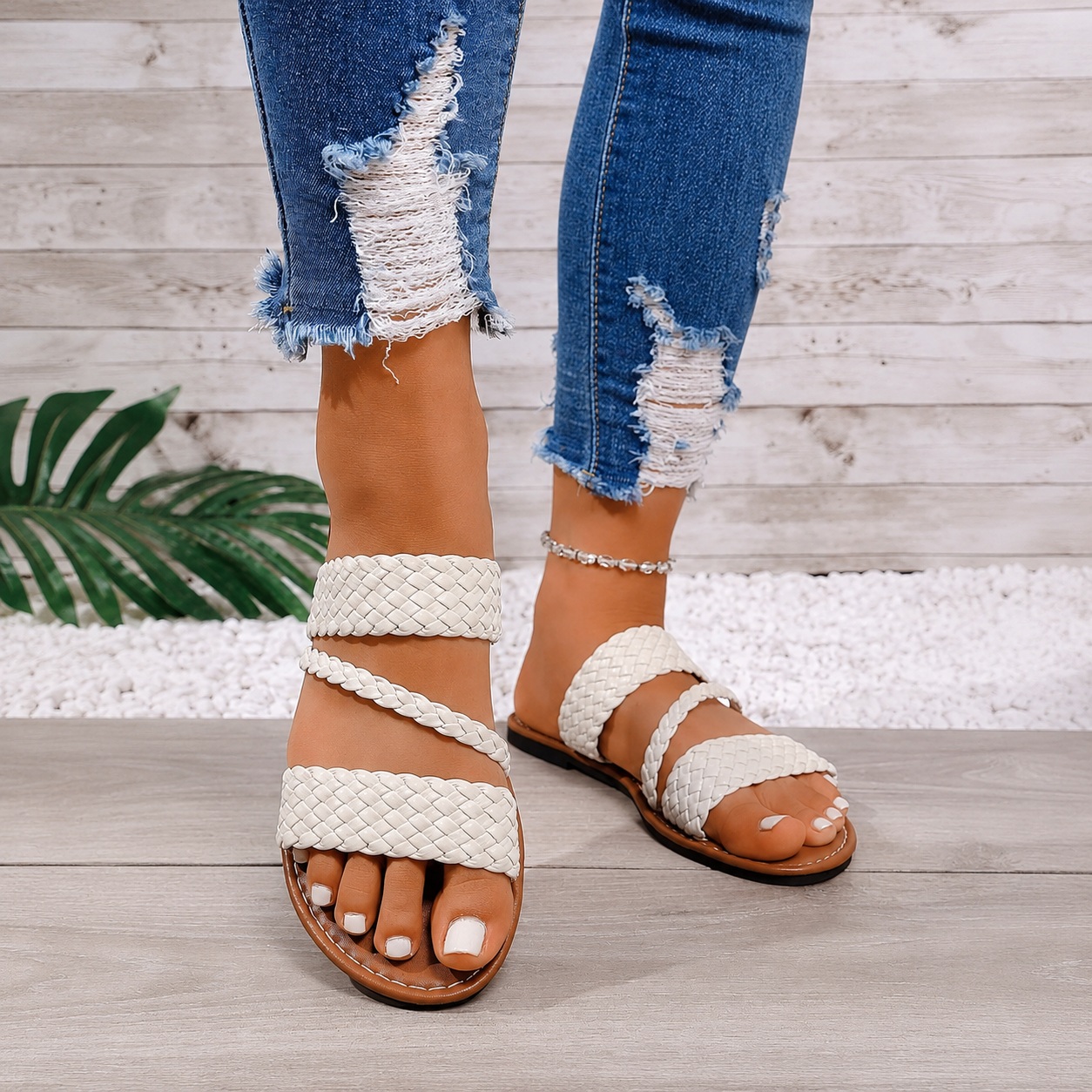 Braided Strap Lightweight Casual Flat Slide Sandals for Women