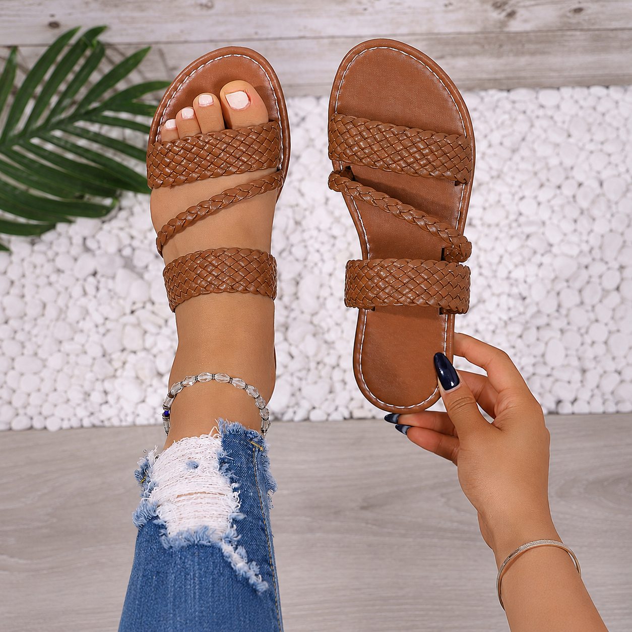 Braided Strap Lightweight Casual Flat Slide Sandals for Women