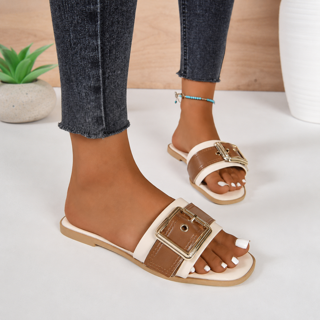 Buckle Strap Flat Slide Sandals for Women