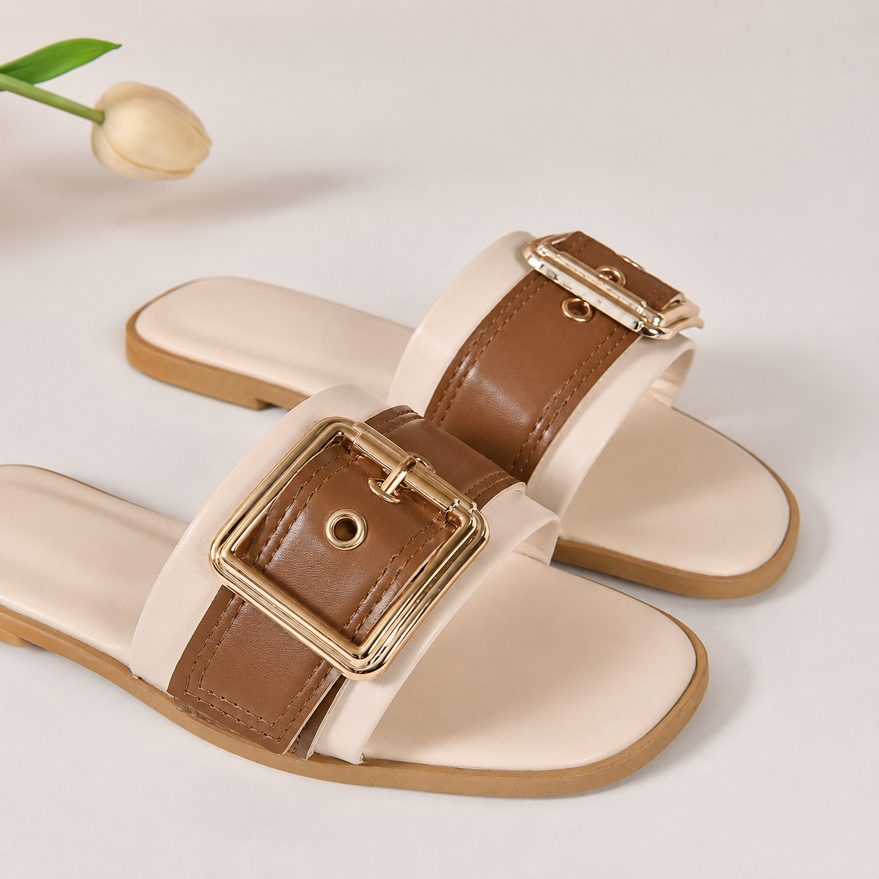 Buckle Strap Flat Slide Sandals for Women