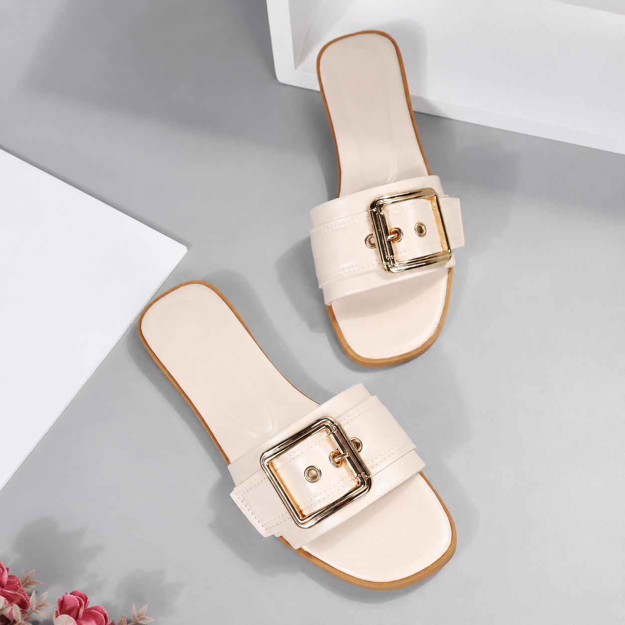 Buckle Strap Flat Slide Sandals for Women
