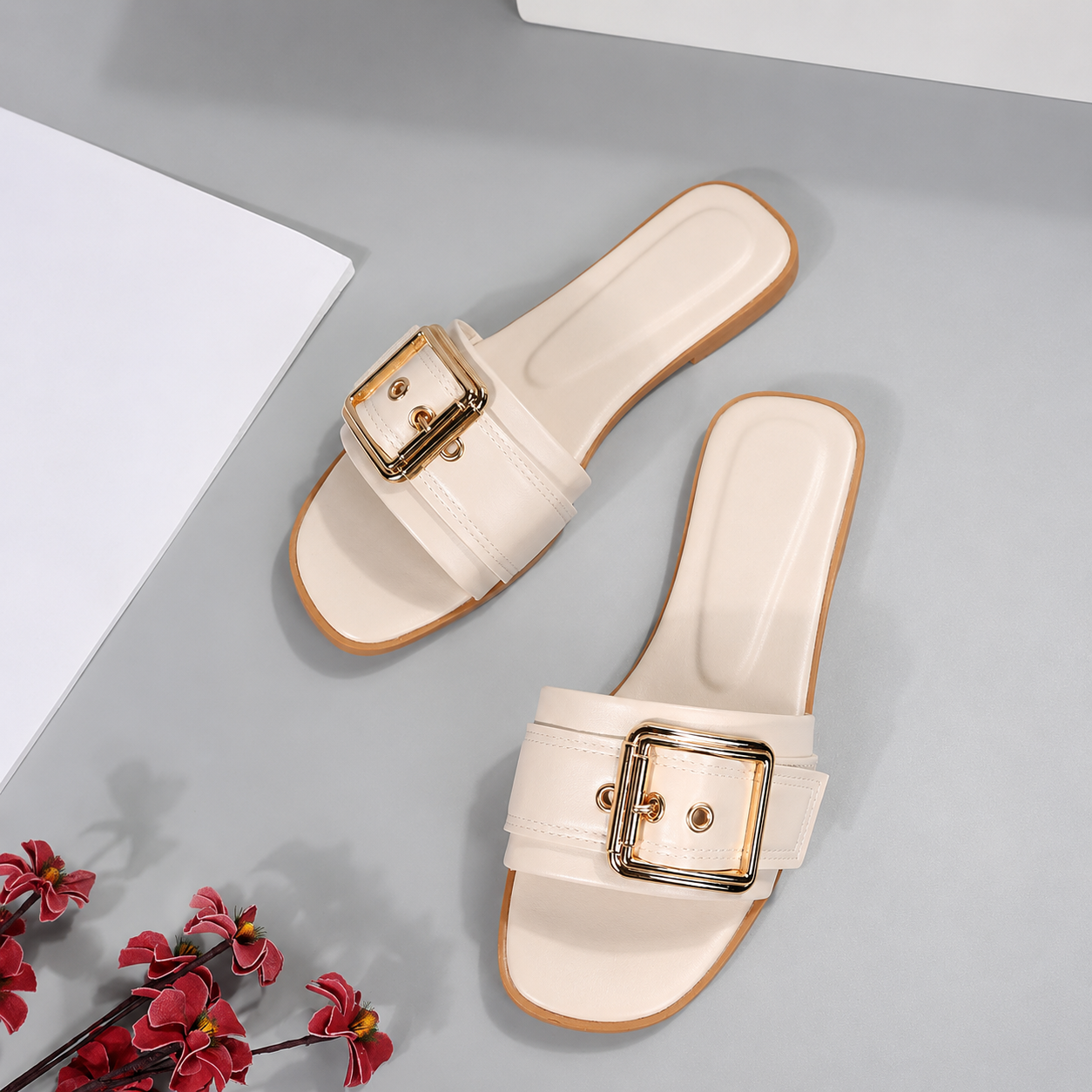 Buckle Strap Flat Slide Sandals for Women