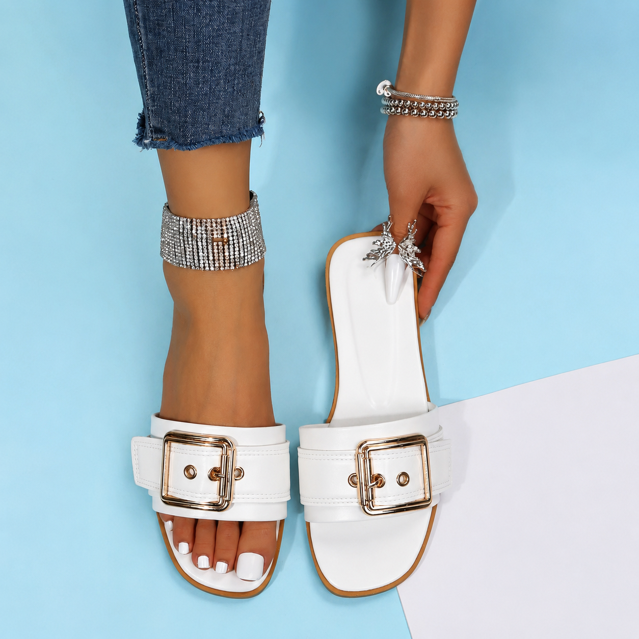 Buckle Strap Flat Slide Sandals for Women