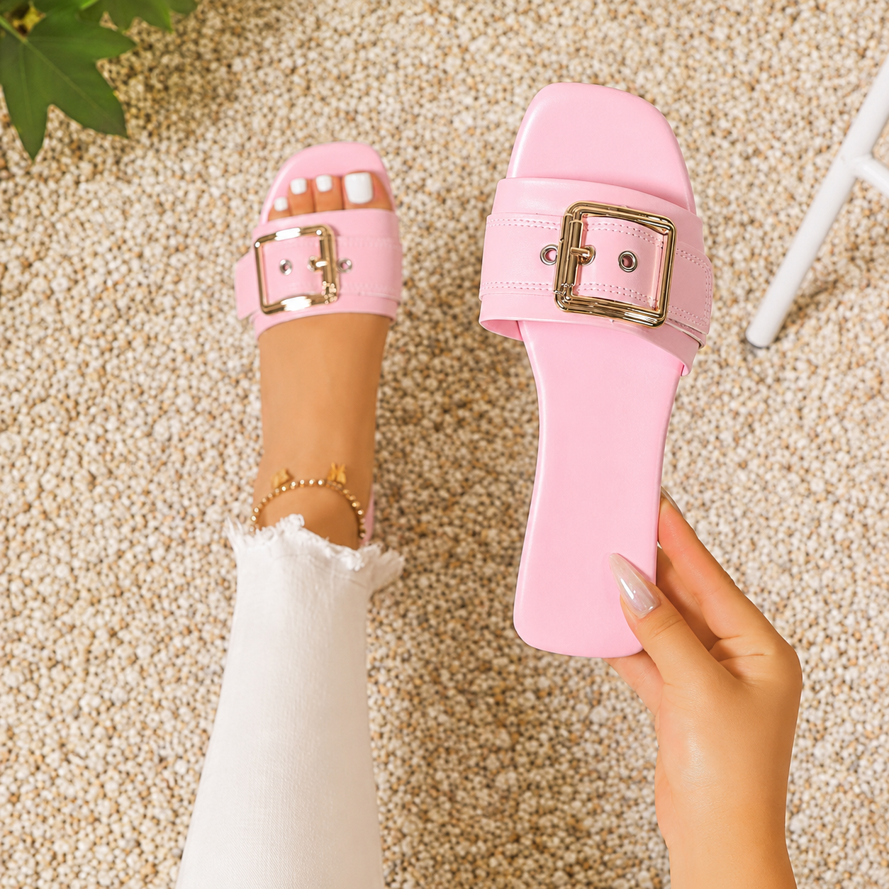 Buckle Strap Flat Slide Sandals for Women