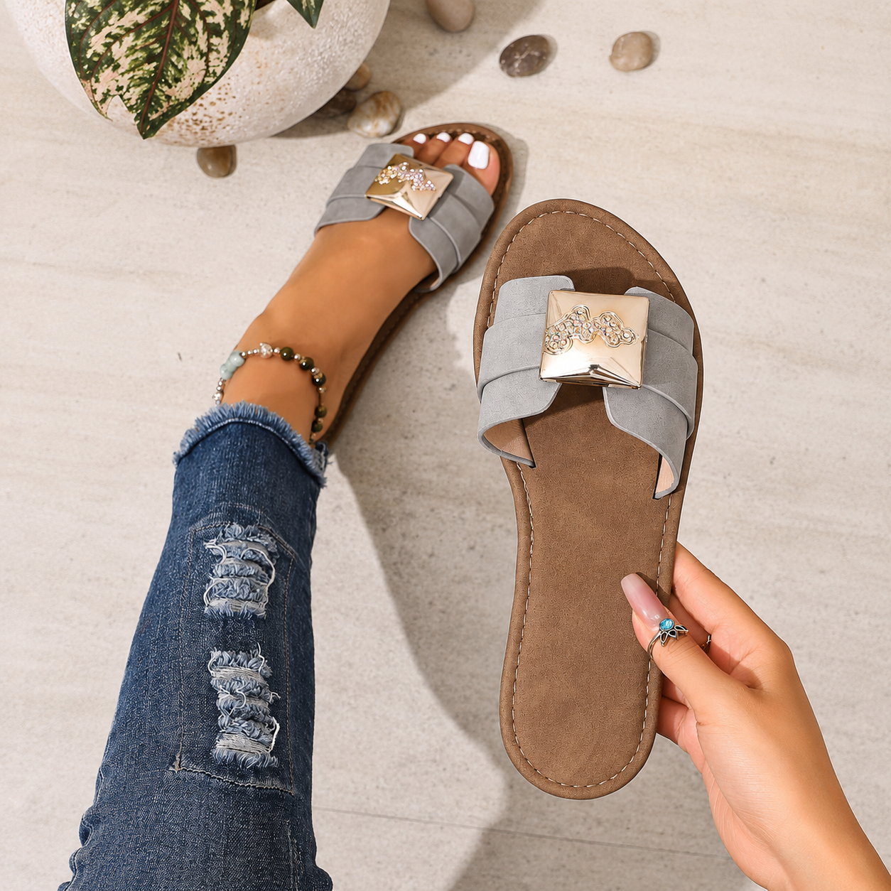 Textured Wide Strap Flat Slide Sandals for Women