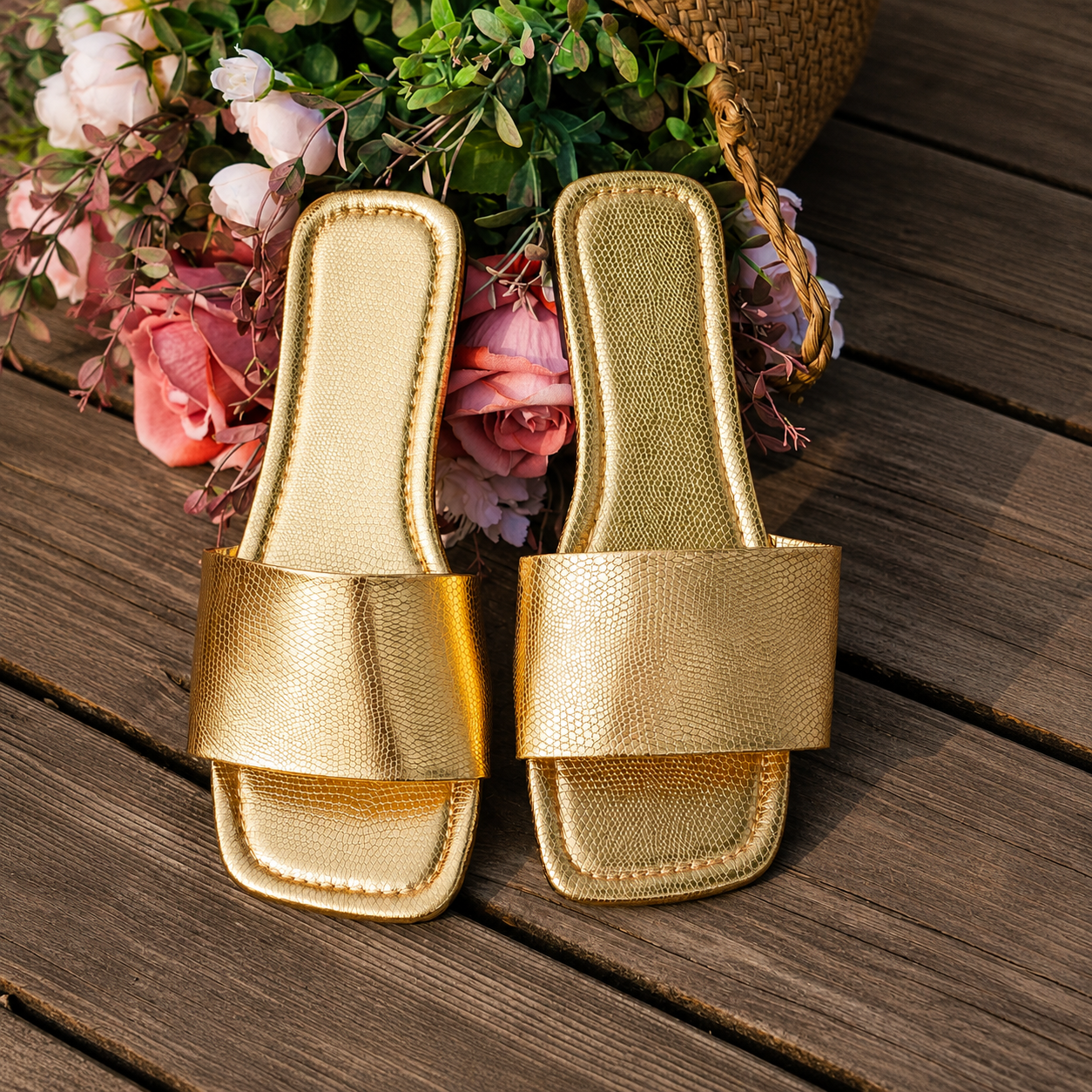 Textured Wide Strap Flat Slide Sandals for Women