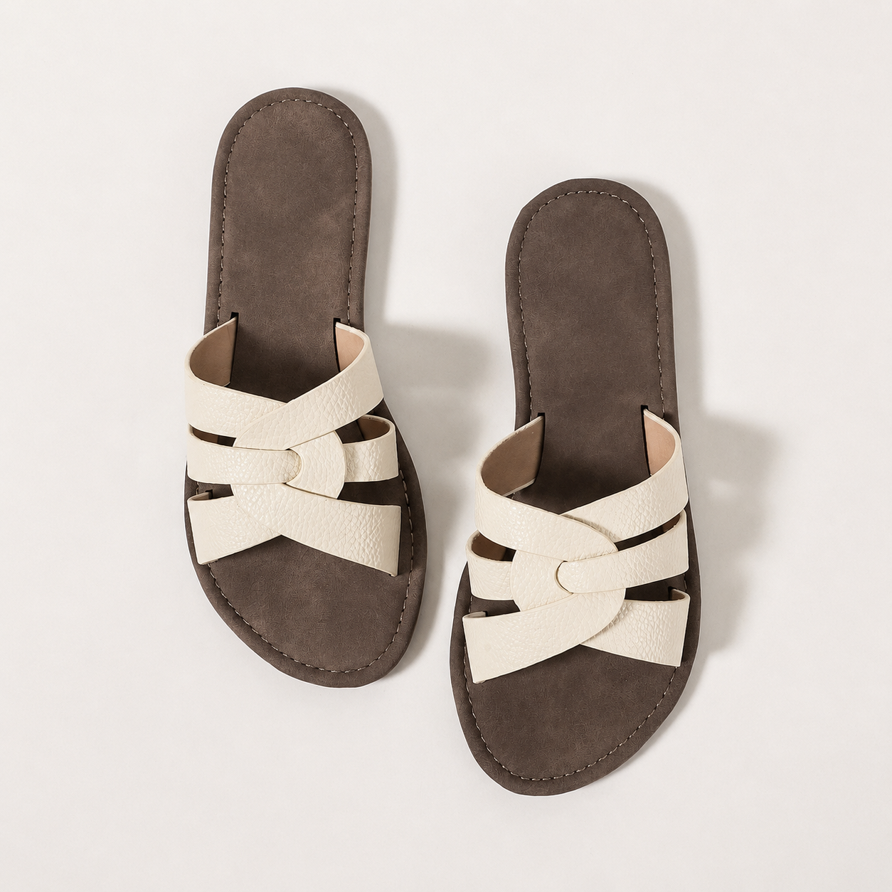 Textured Wide Strap Flat Slide Sandals for Women