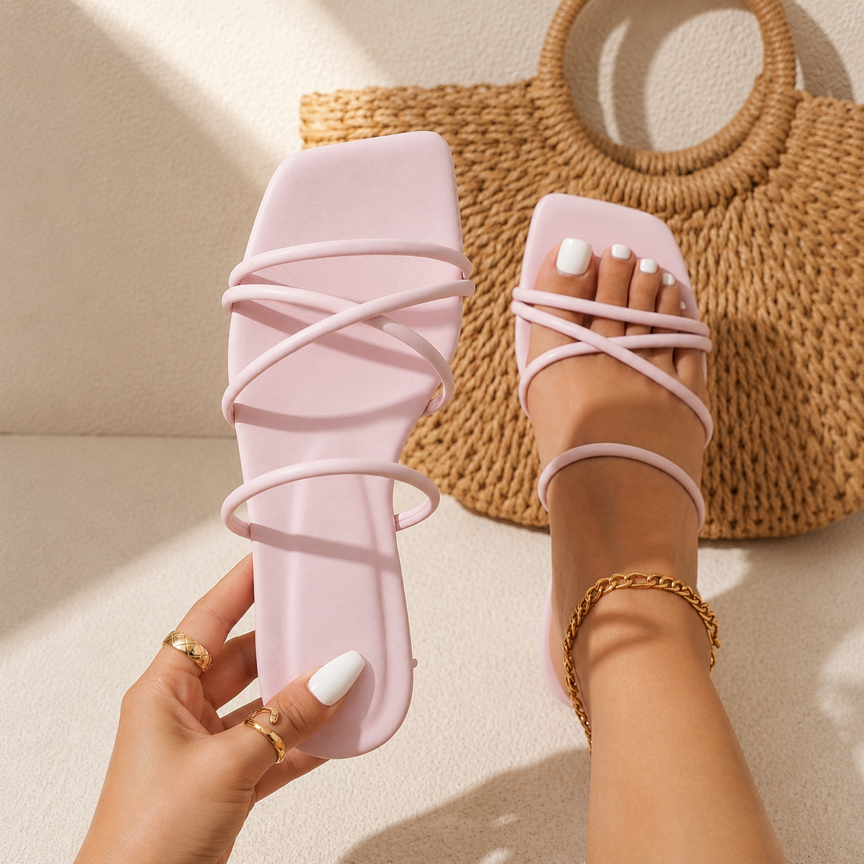 Casual Vacation Style Multi Strap Slide Slippers For Women