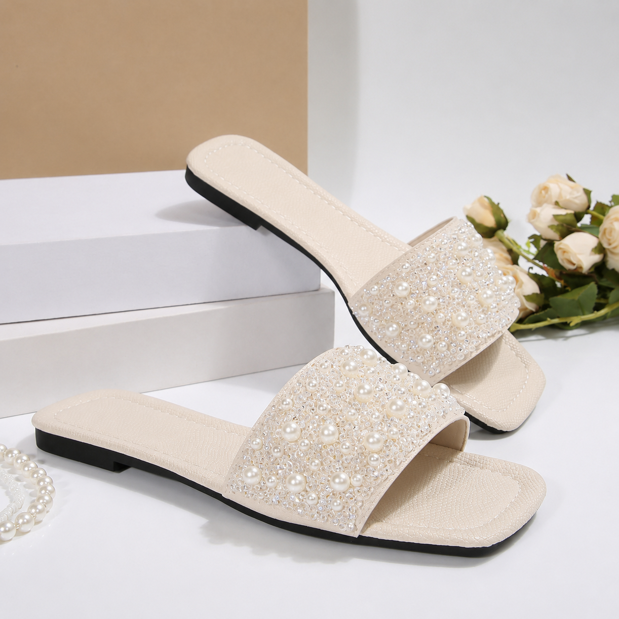 Classic Slip On Flat Sandals With Sparkling Detail For Women