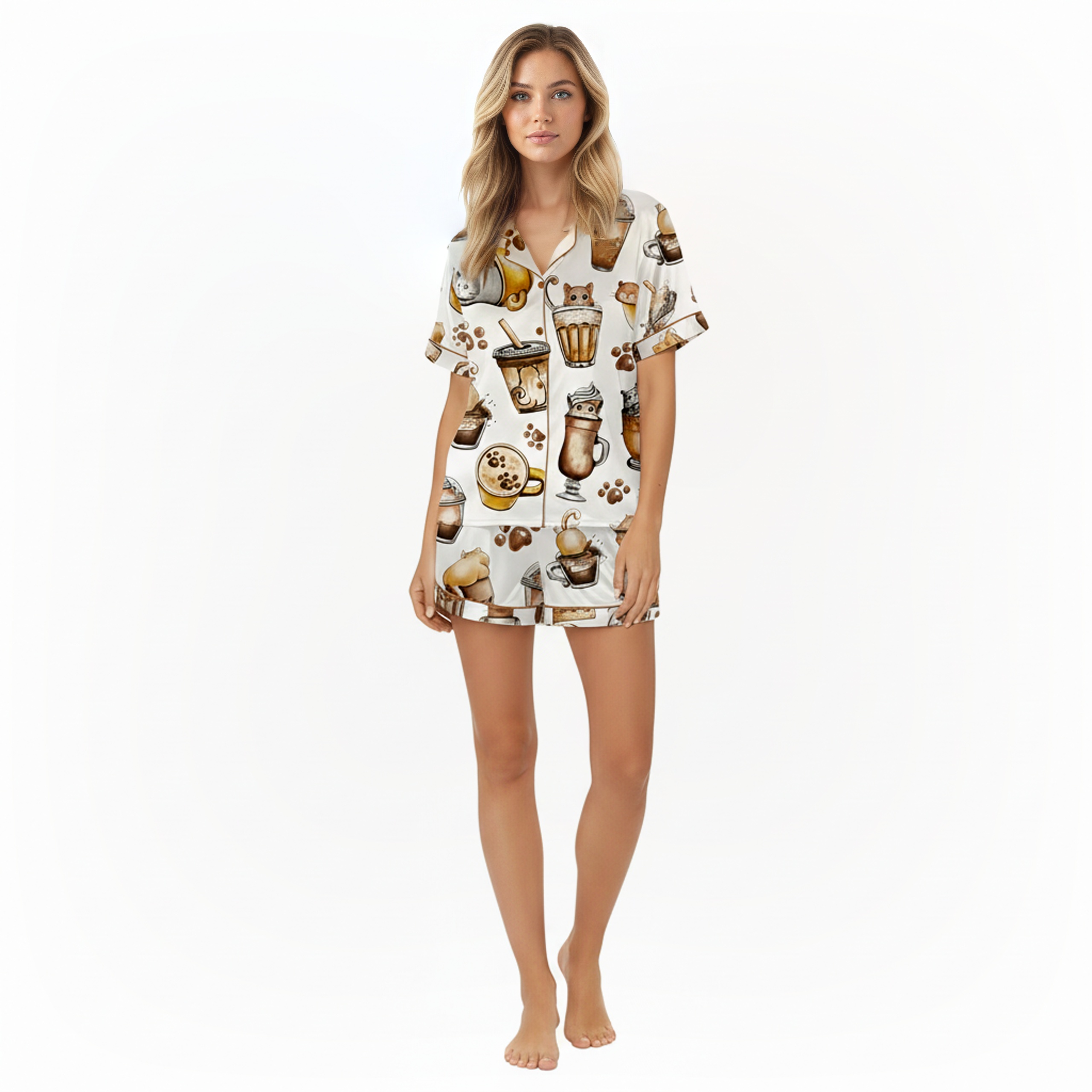 Coffee And Cats Printed Pajama Set