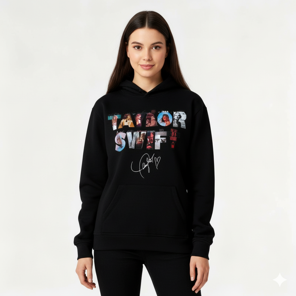 Music Collage Print Black Hoodie for Women