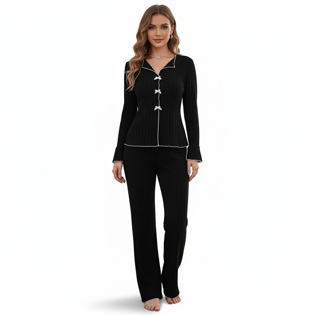 Long Sleeve Women Rib Knit Pajama Set With Bow Detail