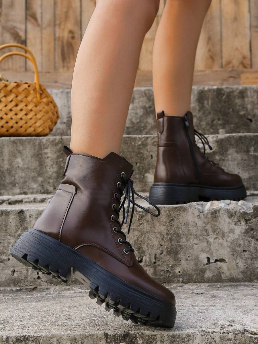 Simple Design Front Lace Up Boots