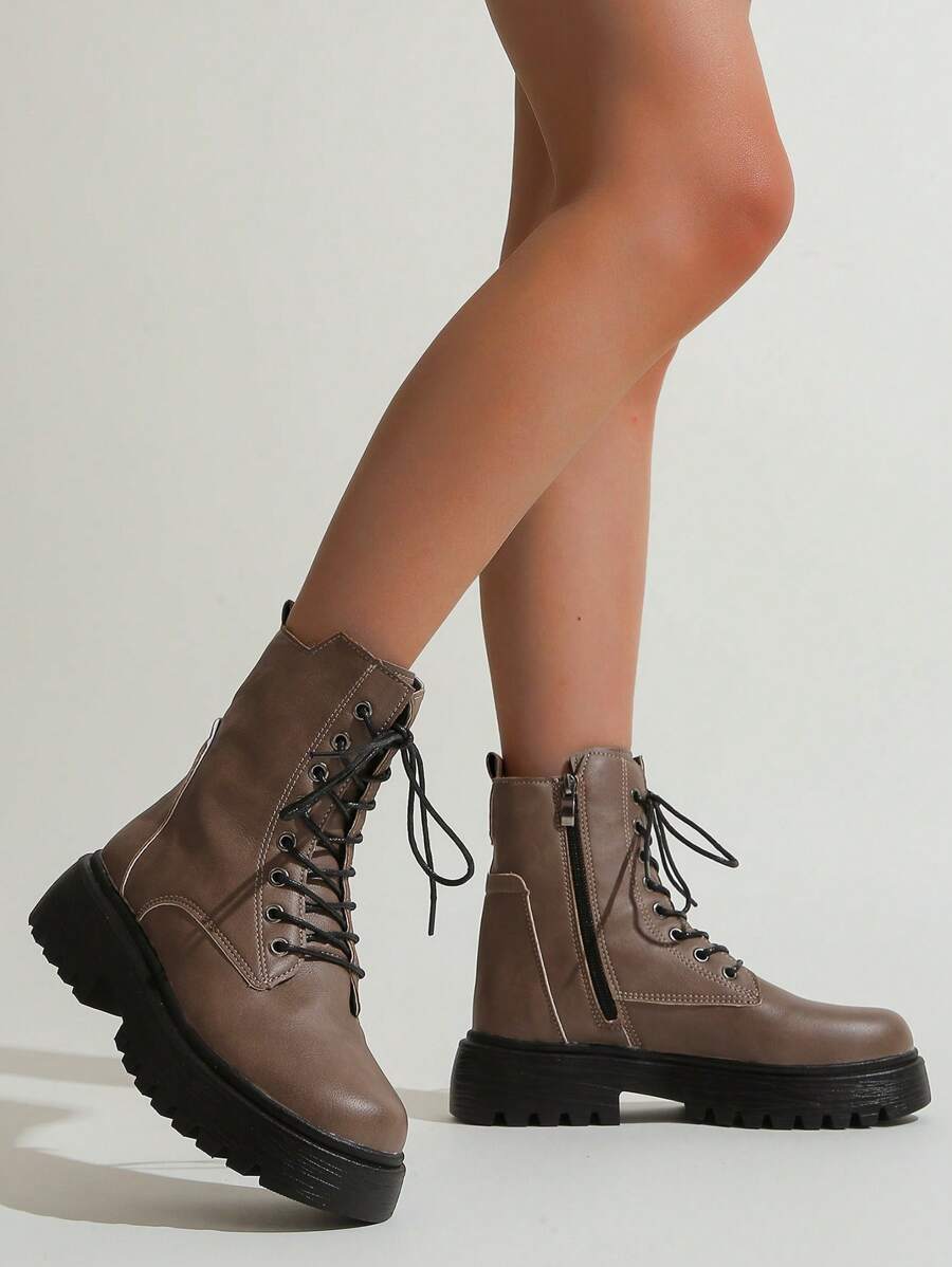 Simple Design Front Lace Up Boots