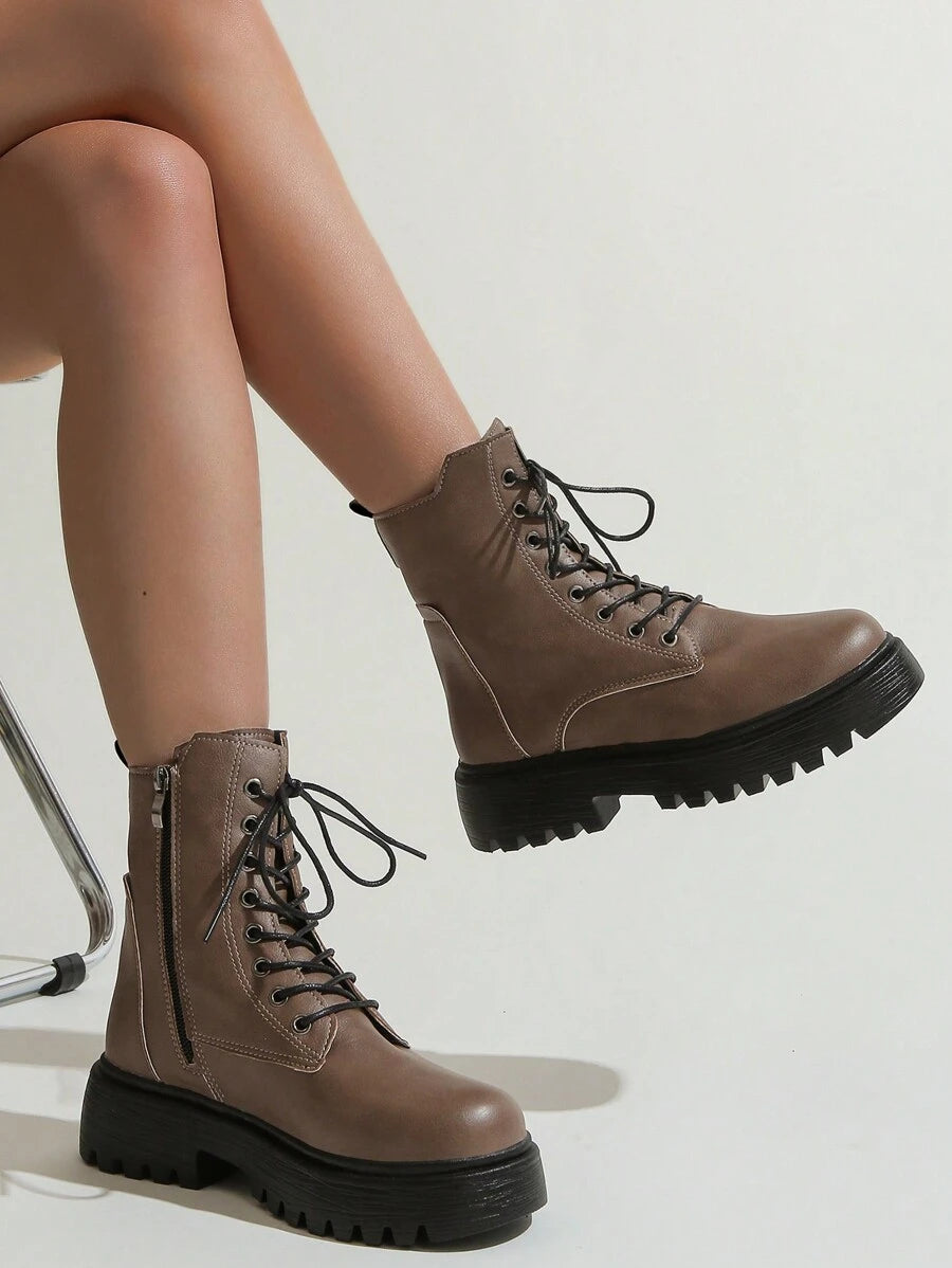 Simple Design Front Lace Up Boots