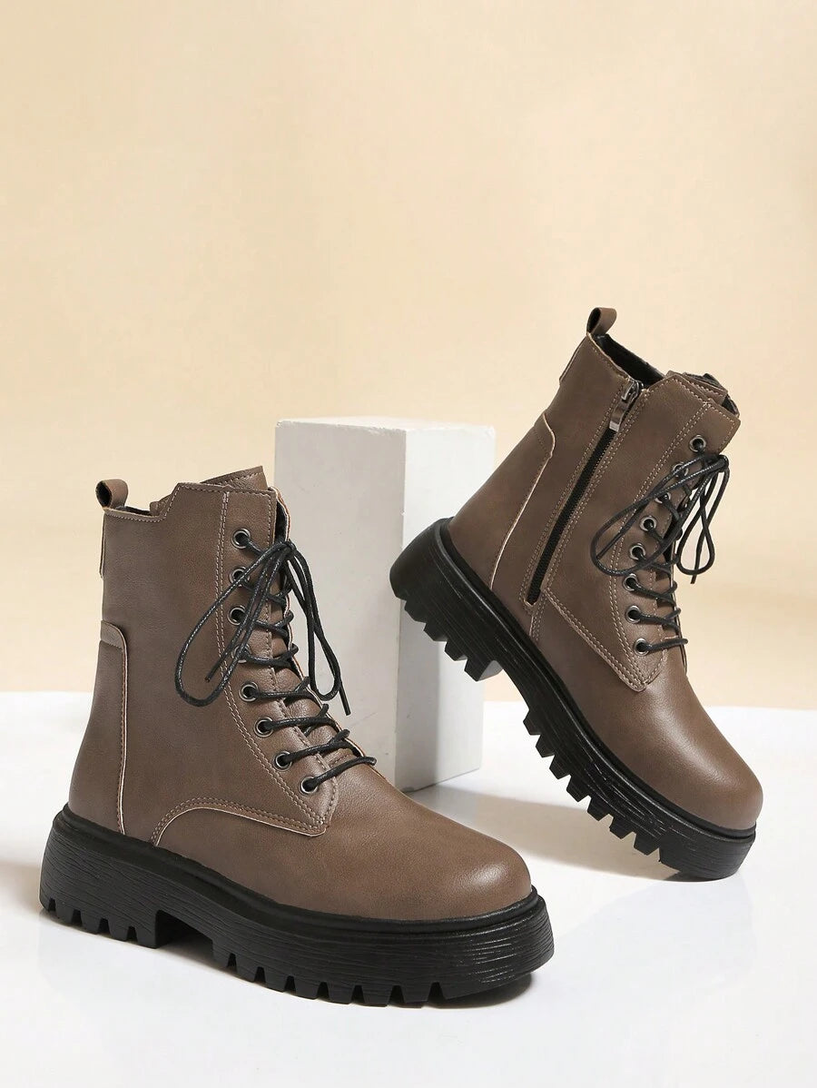 Simple Design Front Lace Up Boots