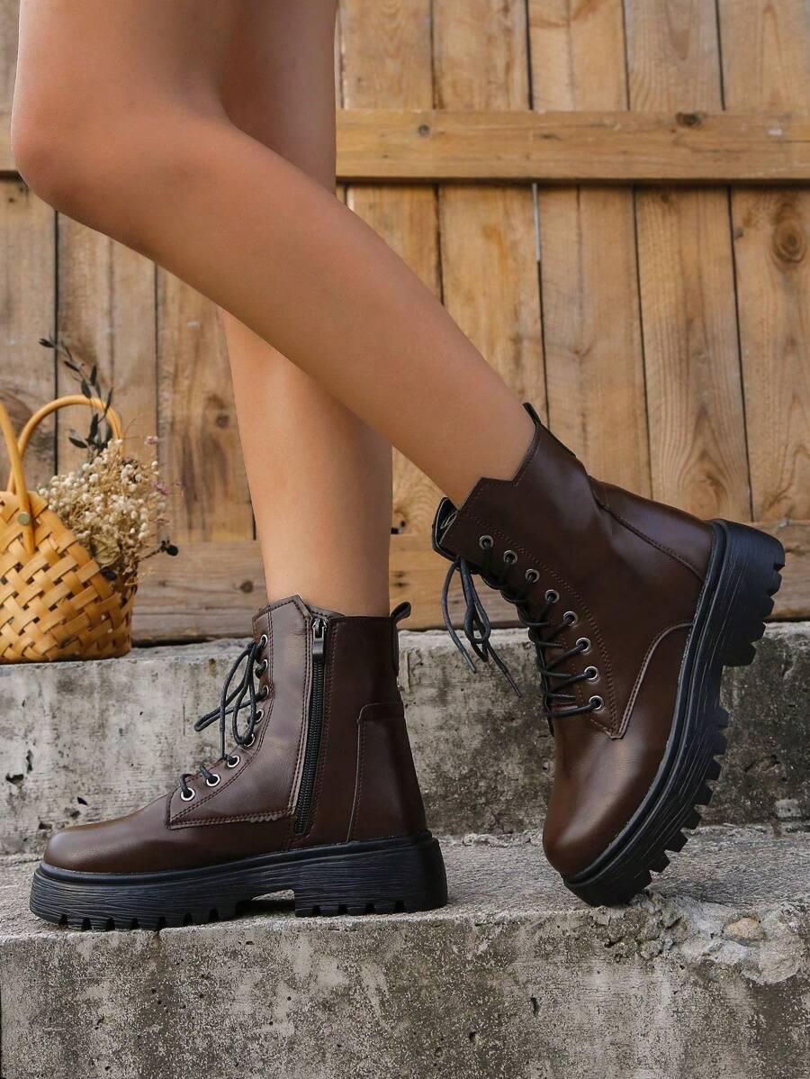 Simple Design Front Lace Up Boots