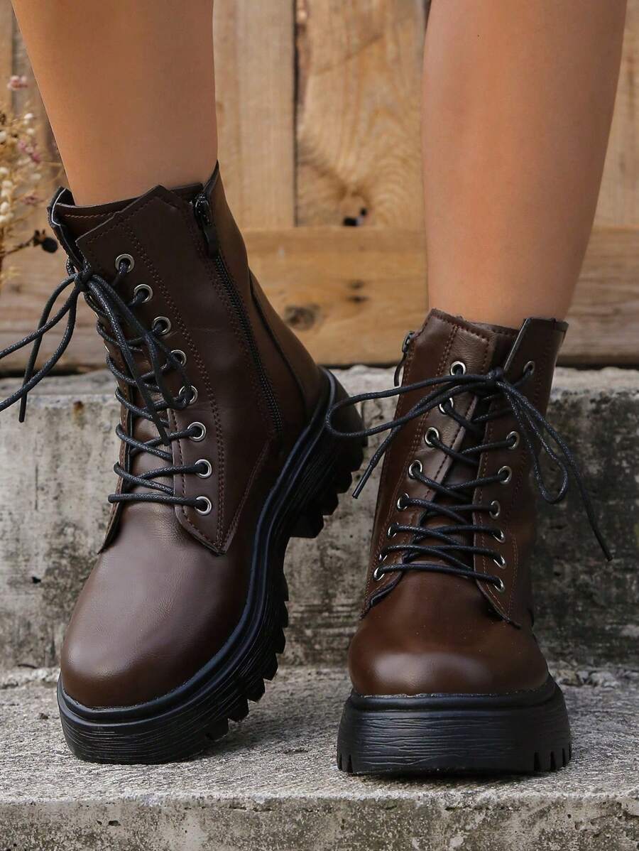 Simple Design Front Lace Up Boots