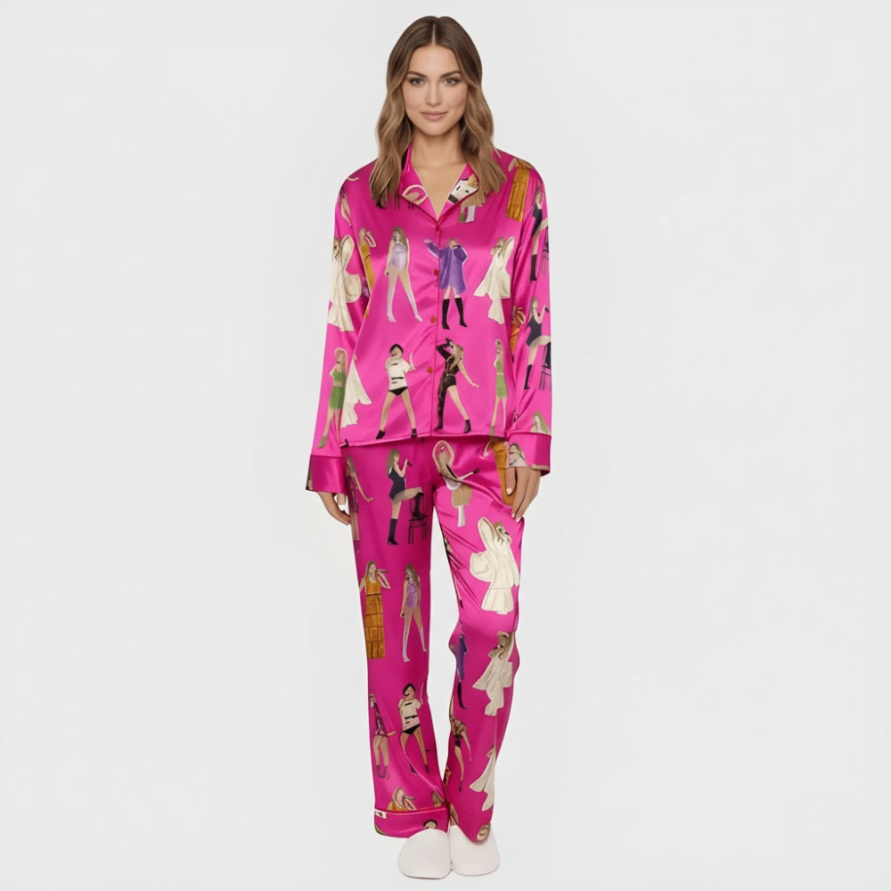 Concert Fan Print Comfy Satin Pajama Set For Women