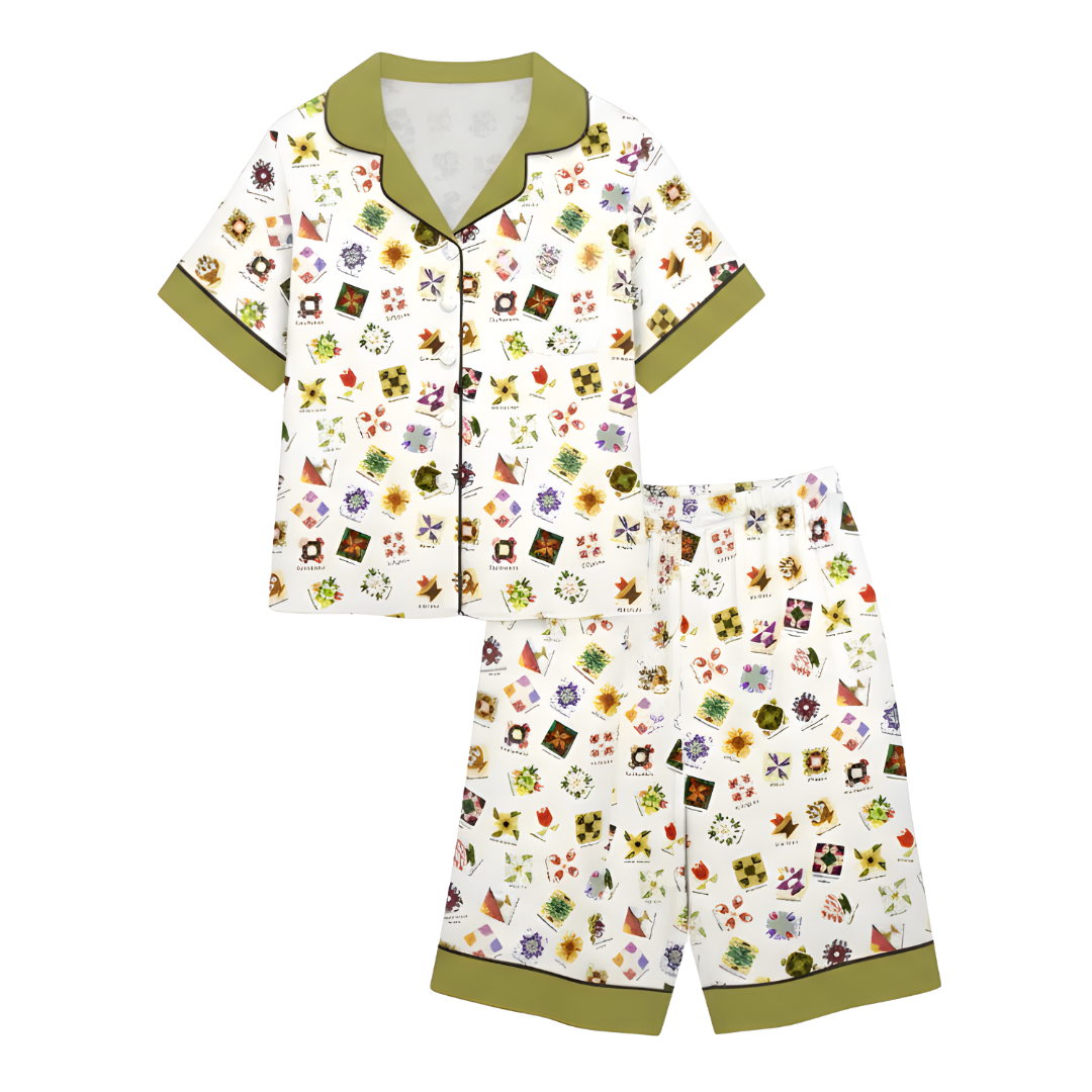 Sewing Pajama Set With Flower Quilt Block Pattern