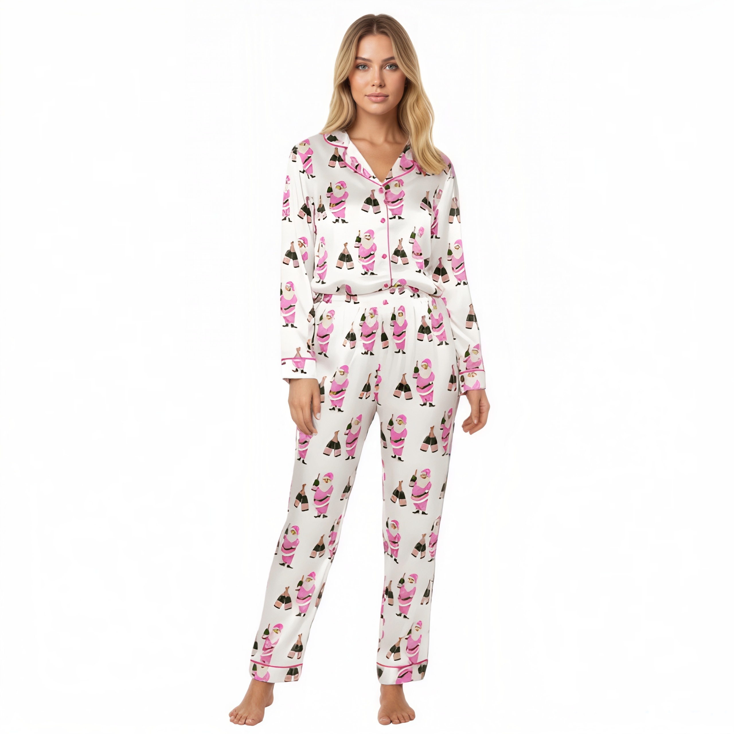 Christmas Santa Bottle Printed Pajama Set