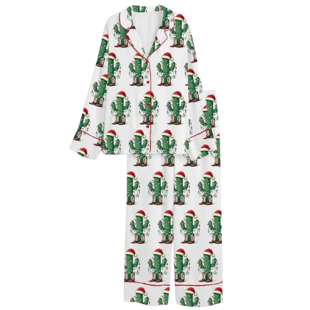 Christmas Cactus Print Satin Pajama Set