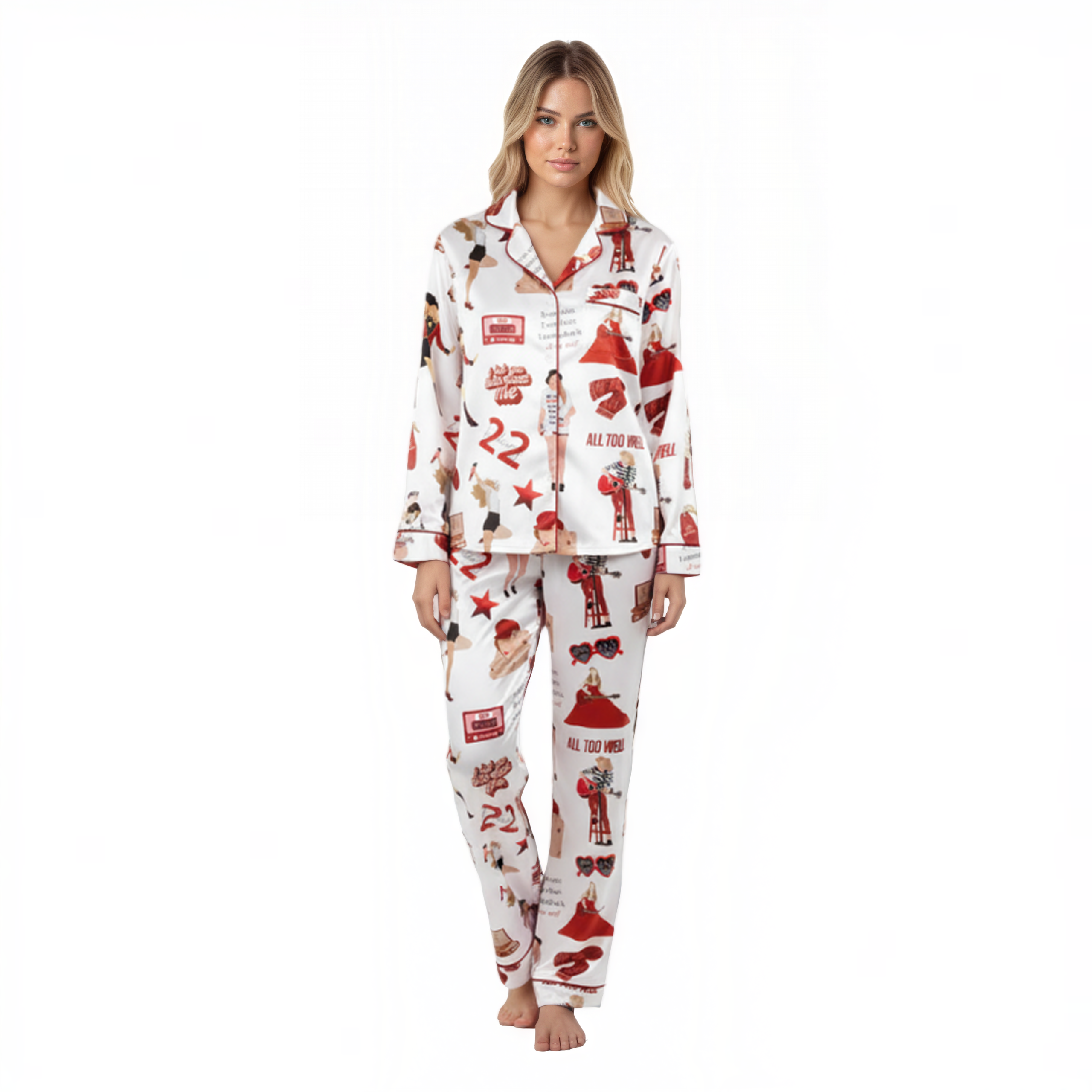 Taylor Swift Inspired Satin Pajama Set With Era Album Themed Graphic Prints
