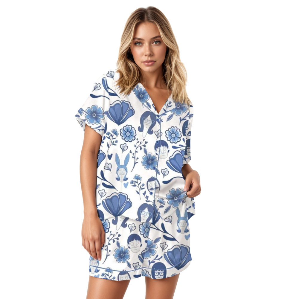 Chinoiserie Floral Bobs Burgers Satin Pajama Set