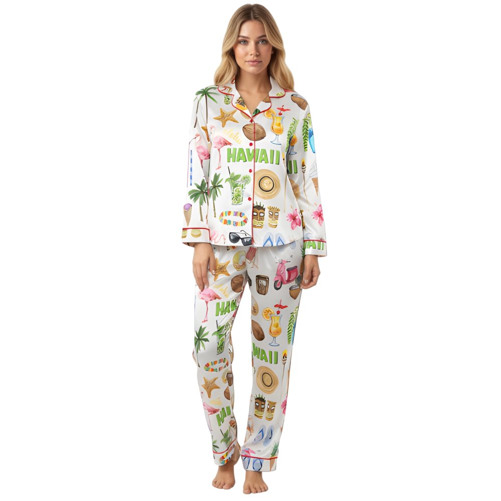 Hawaii Aloha Travel Print Satin Pajama Set