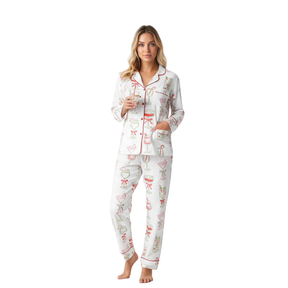 Festive Drinks Pattern Satin Pajama Set For Holiday Gatherings
