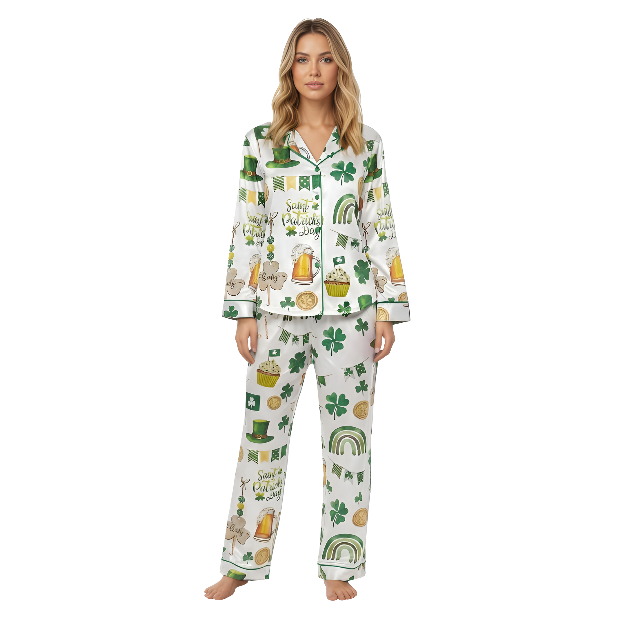 Saint Patricks Day Pajama Set For Women With Shamrock And Mug Print