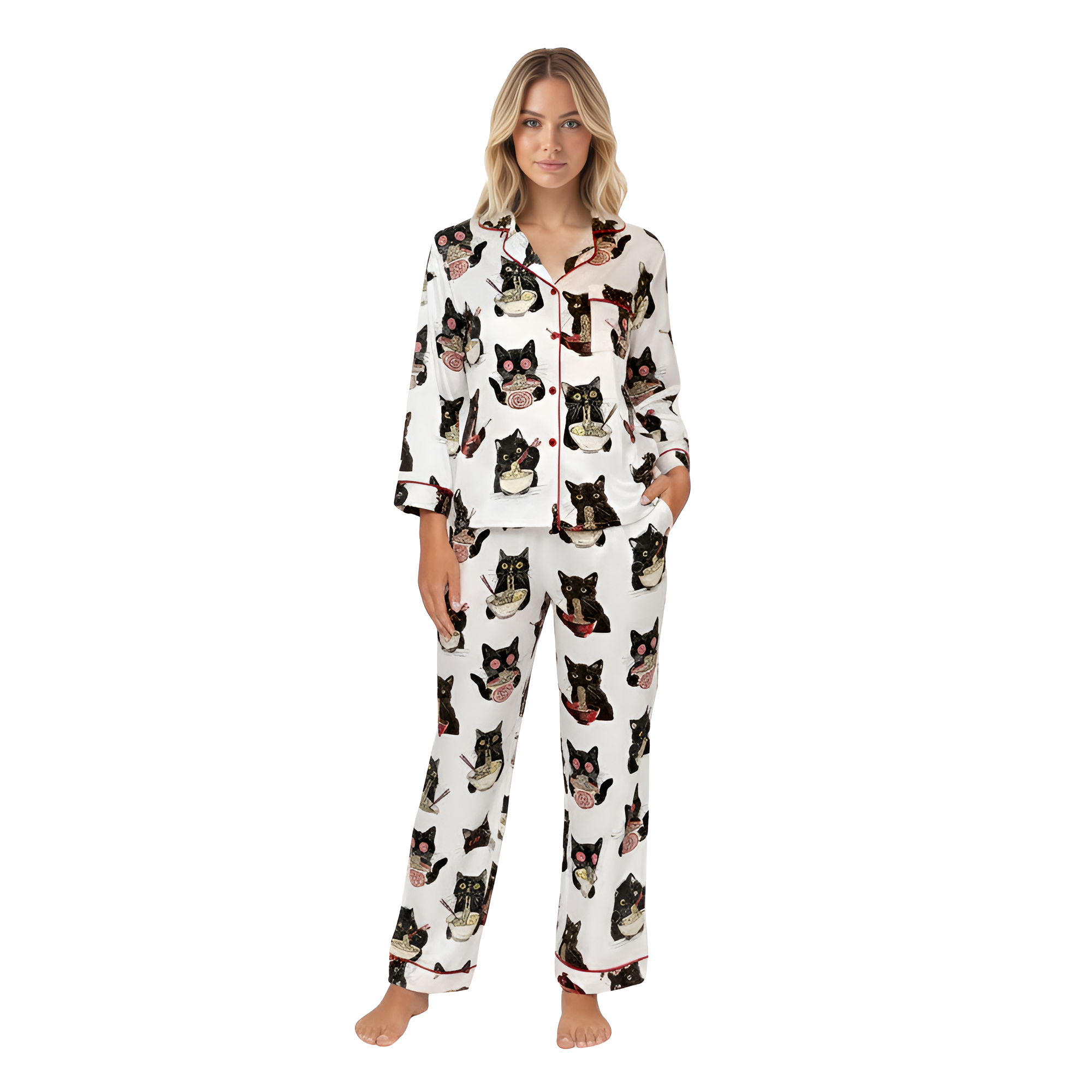 Cheerful Ramen Cat Printed Pajama Set