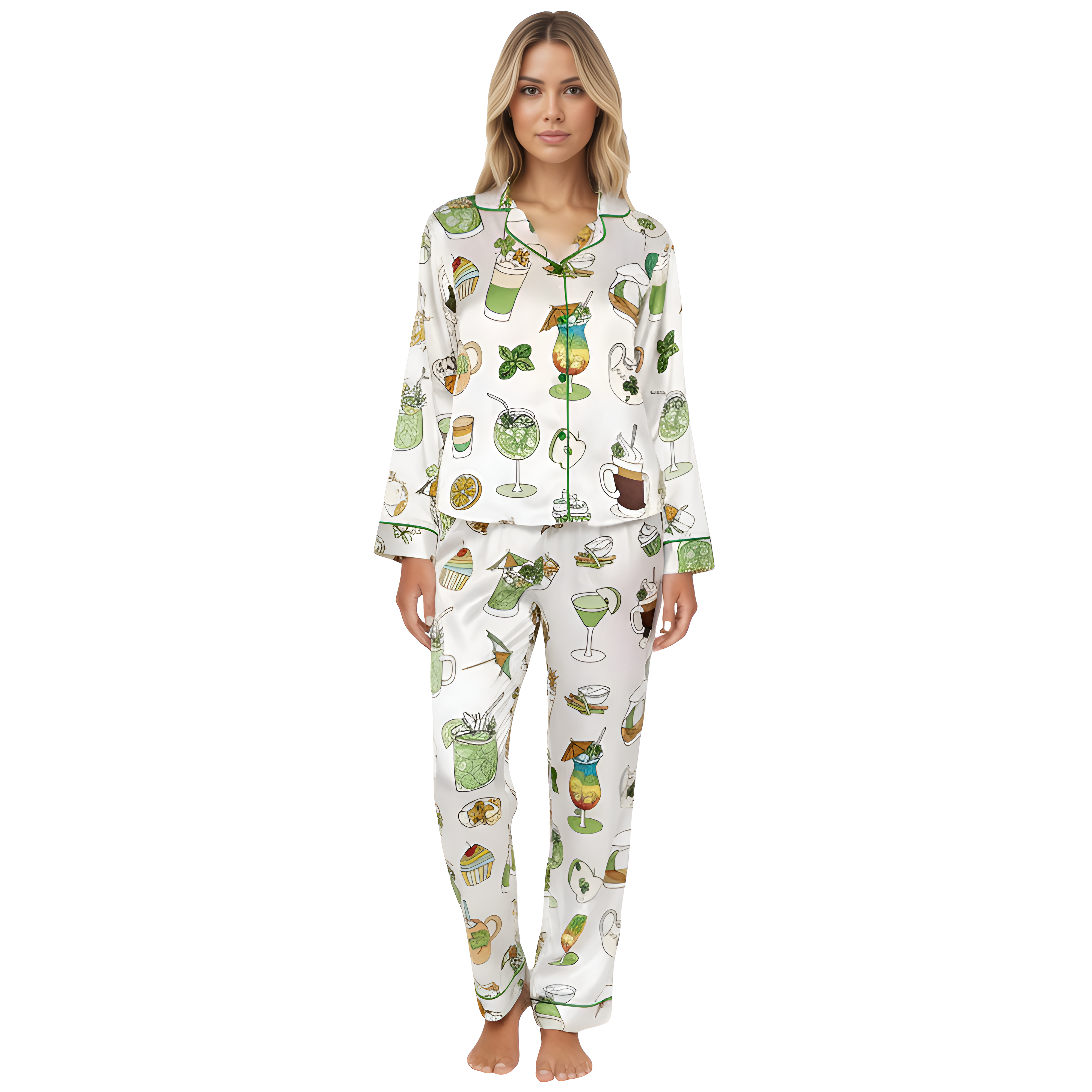 Green Cocktail Print Pajama Set