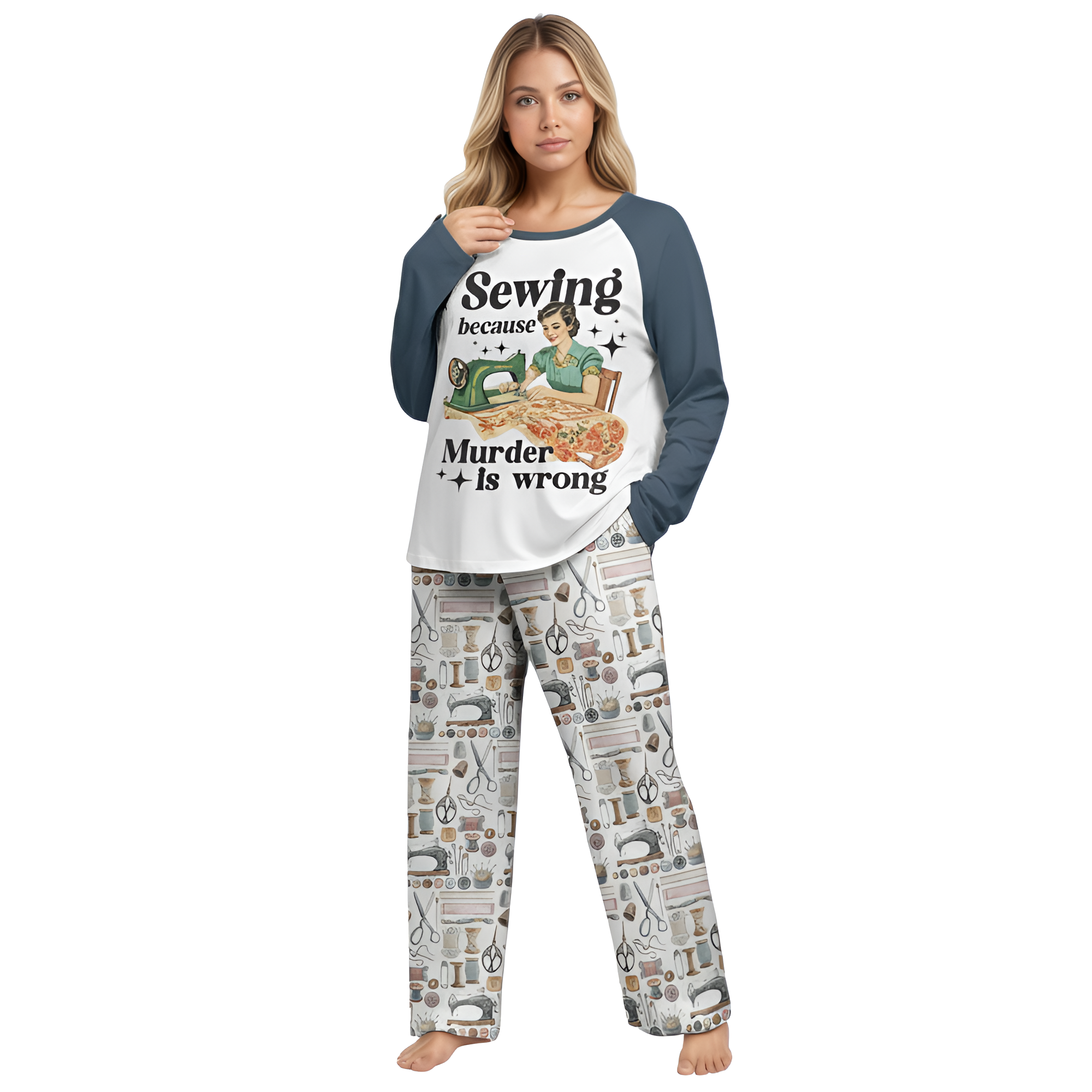 Retro Sewing Themed Pajama Set With Vintage Style