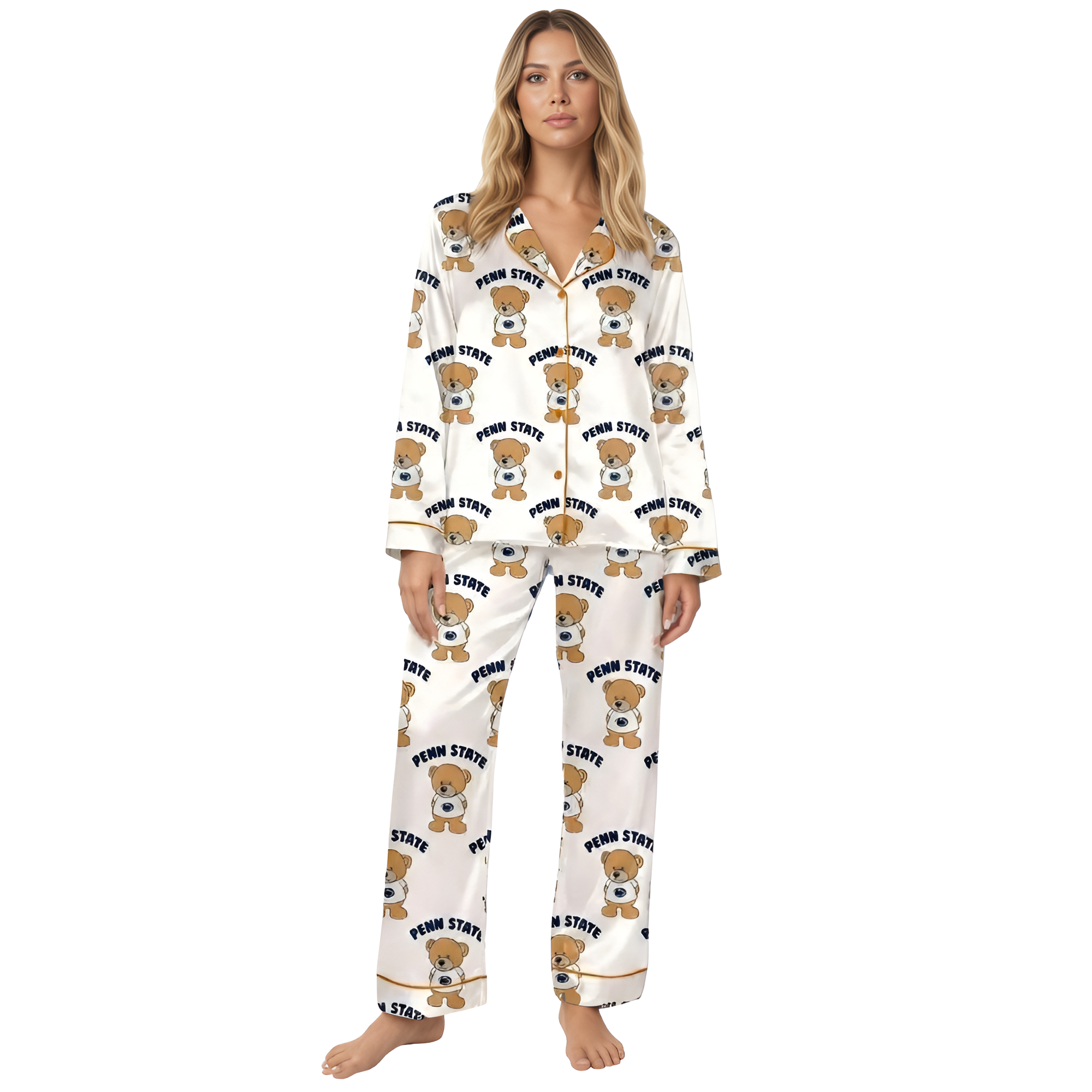 Teddy Bear Football Print Pajama Set With Long Sleeves