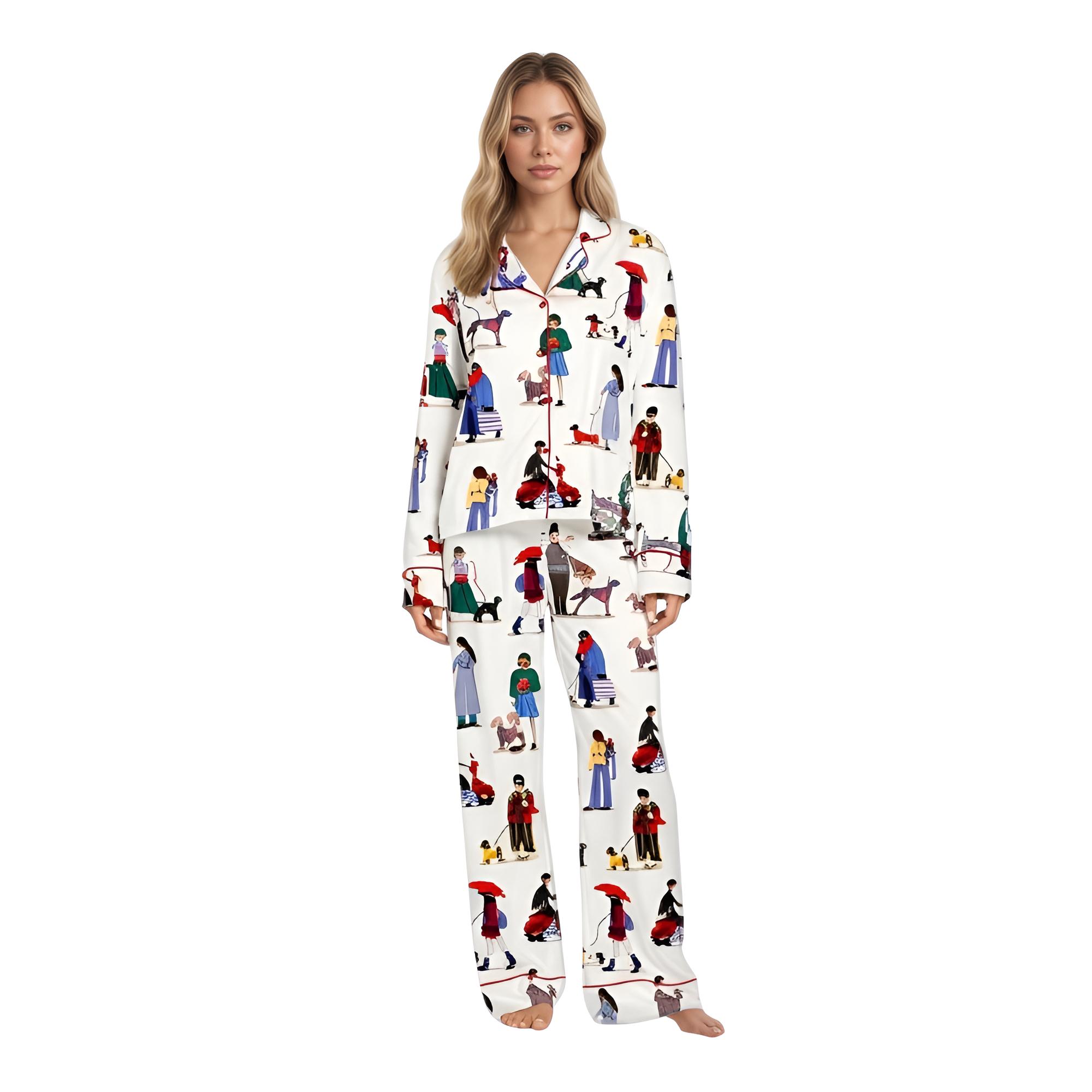 Dog Walker Print Long Sleeve Pajama Set For Kids