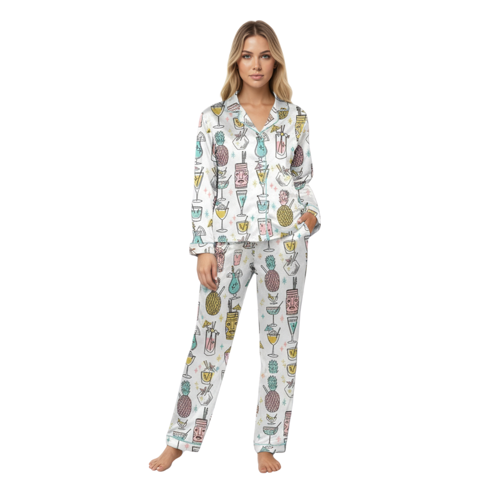 Tropical Drinks Print Pajama Set With Hawaiian Vibes