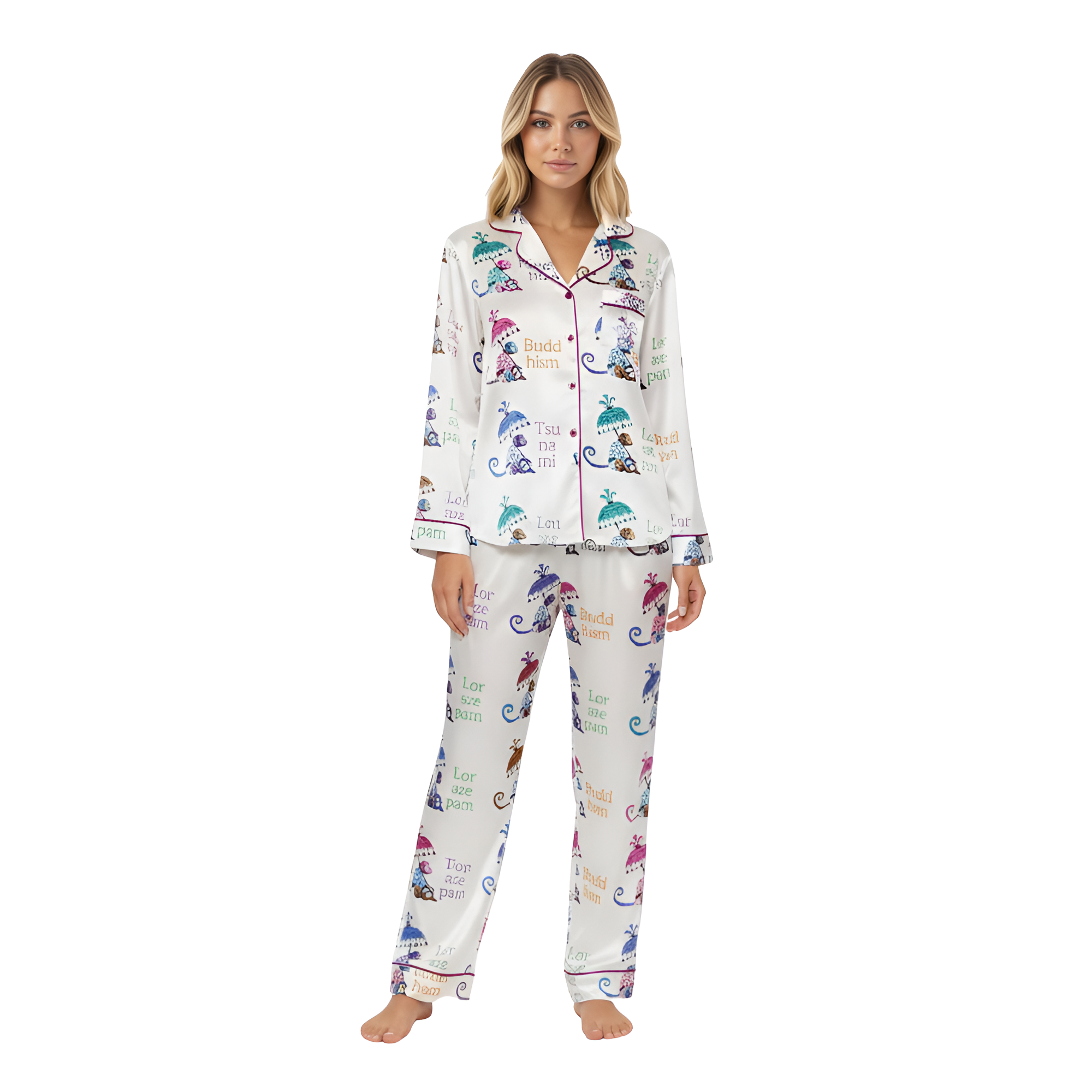 White Lotus Printed Button Front Pajama Set