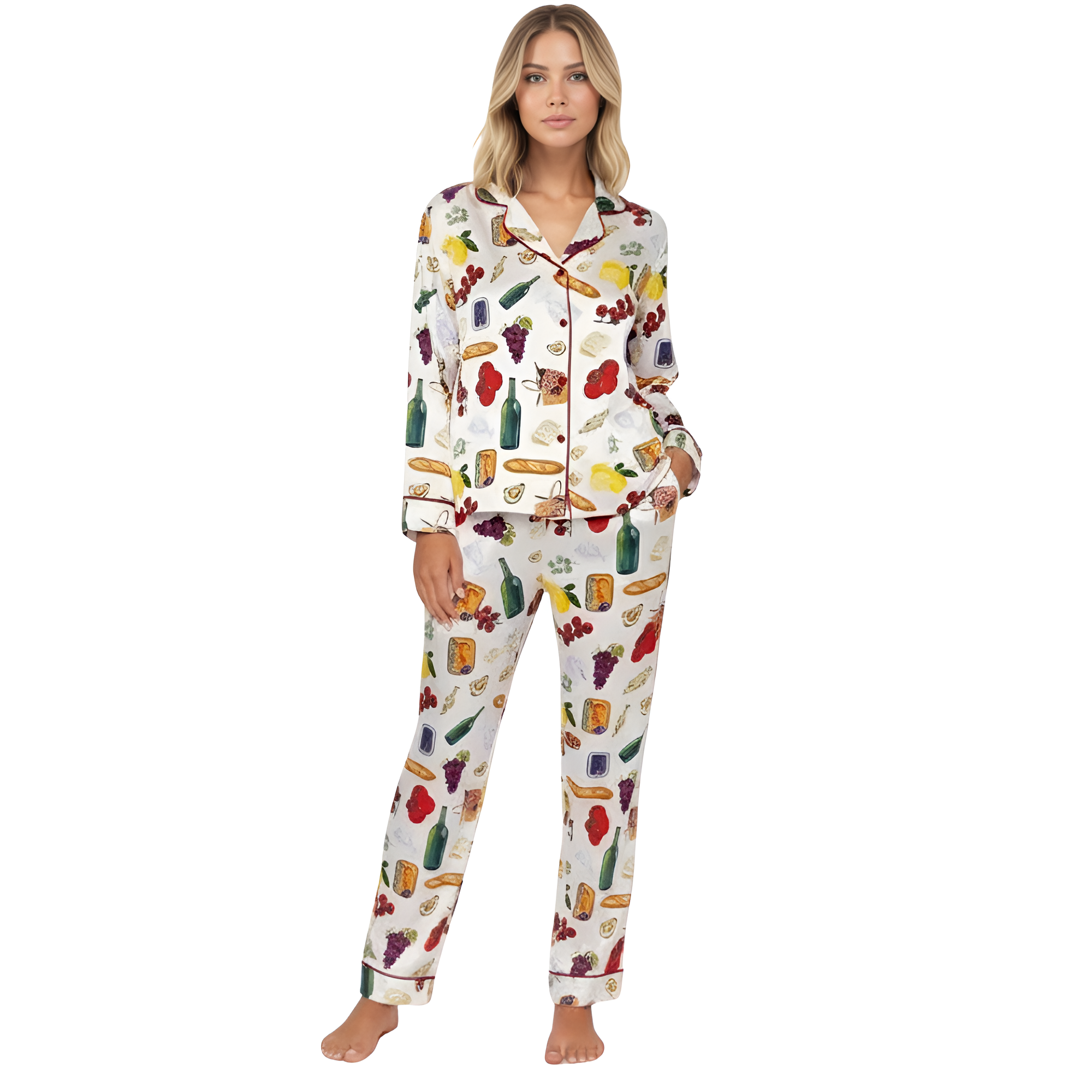 Bottle And Food Printed Button Pajama Set