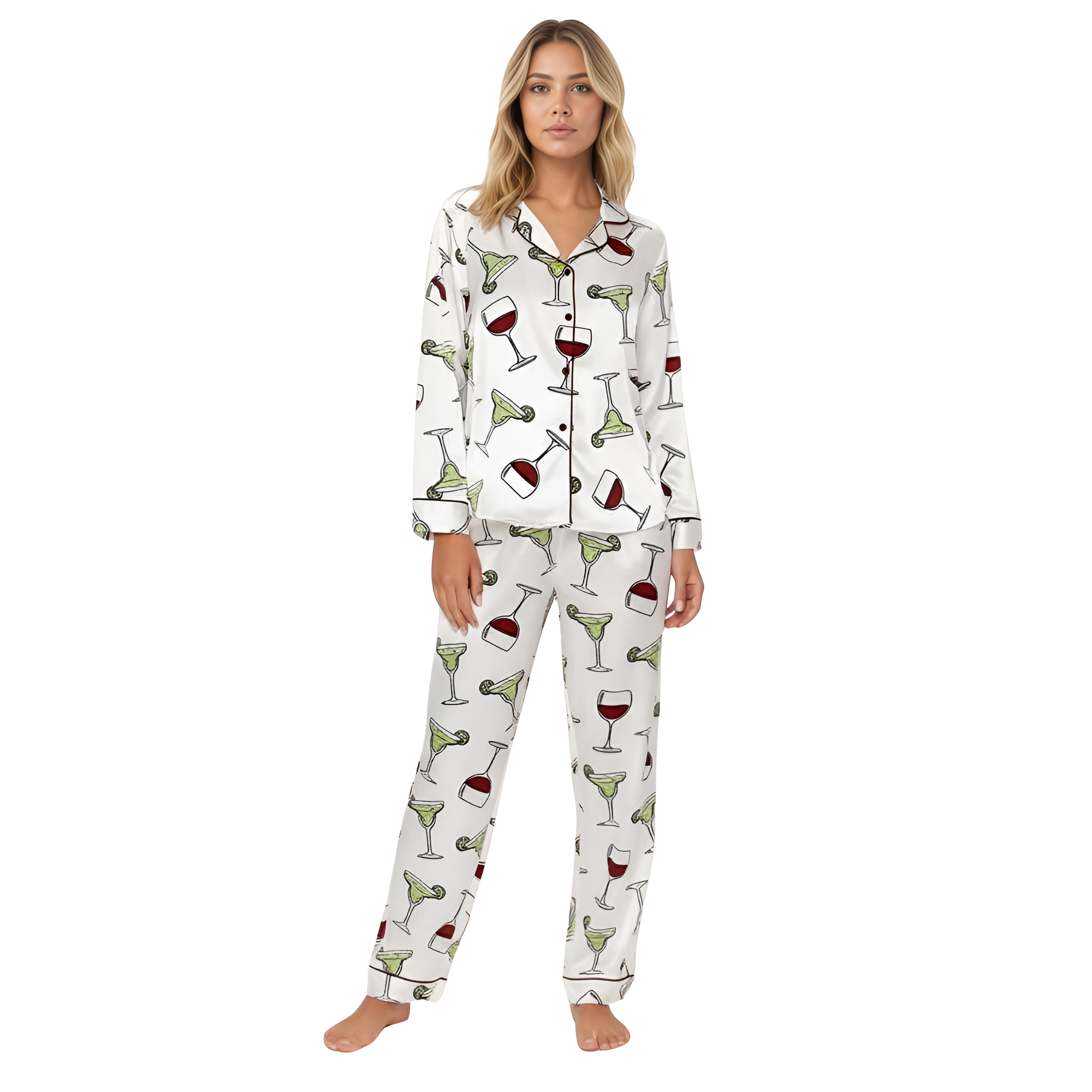 Beverage Glass Print Button Pajama Set