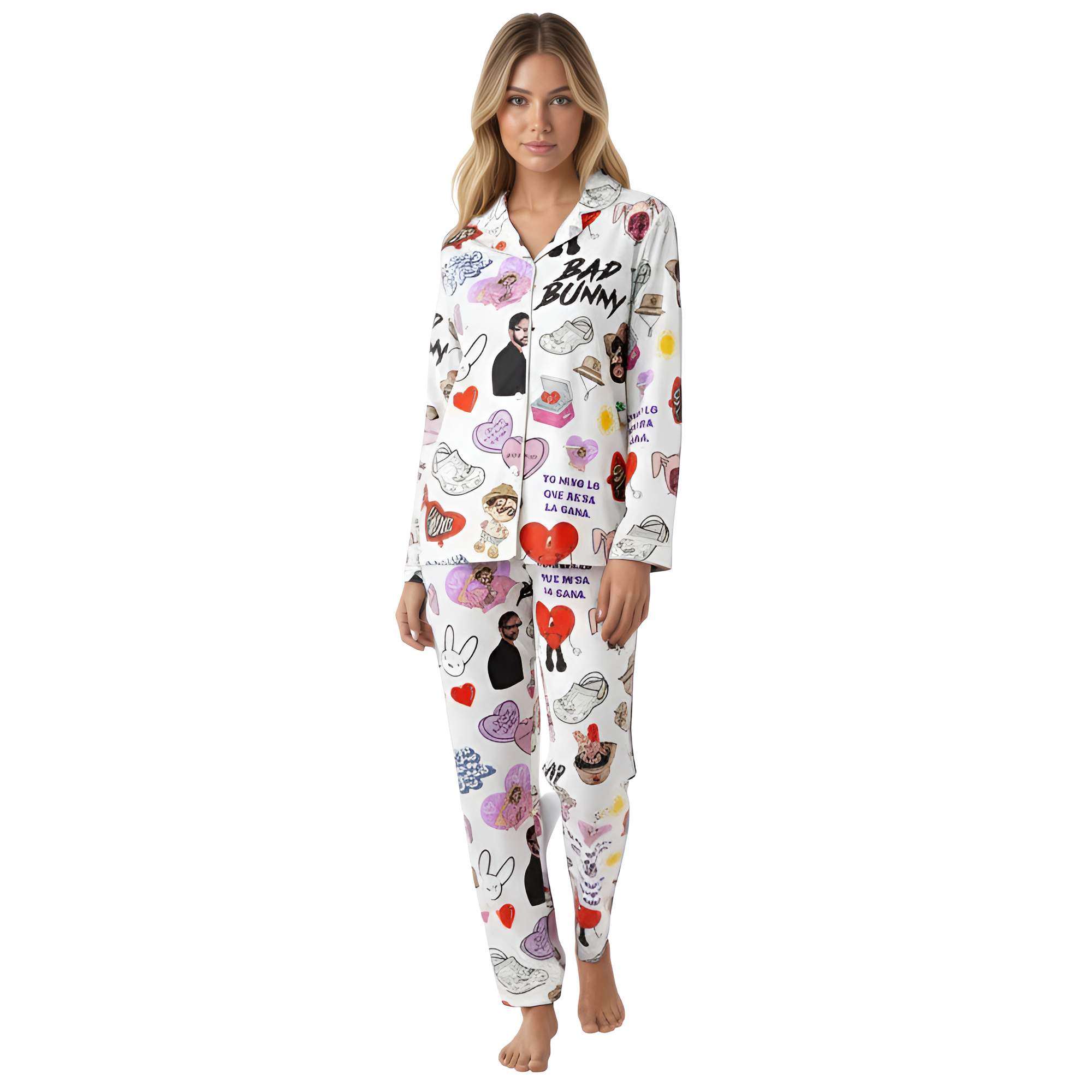 Bad Bunny Pattern Graphic Button Front Pajama Set