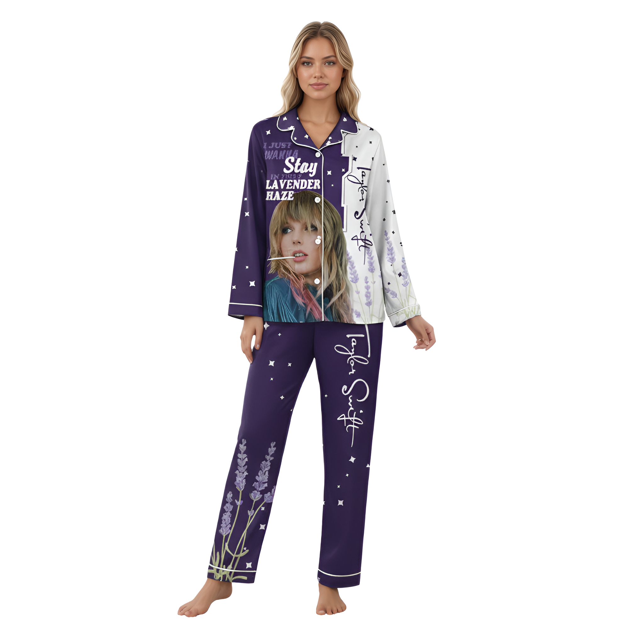 Two Piece Taylor Swift Pajamas Set With Lavender Design