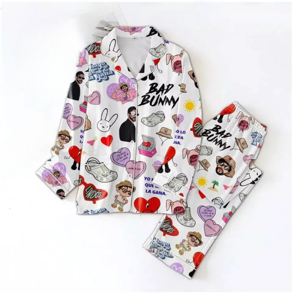 Bad Bunny Pattern Graphic Button Front Pajama Set