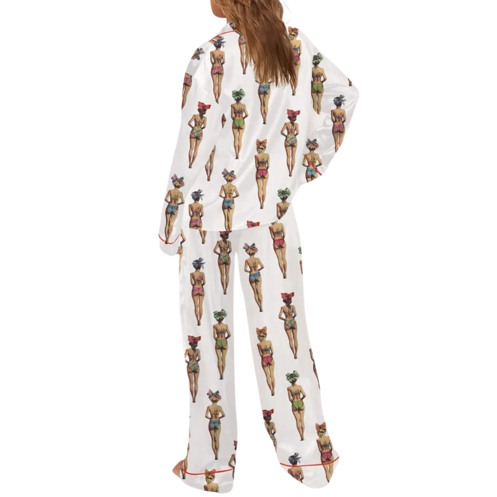 Vintage Swimsuit Ladies Printed Silky Satin Pajama Set