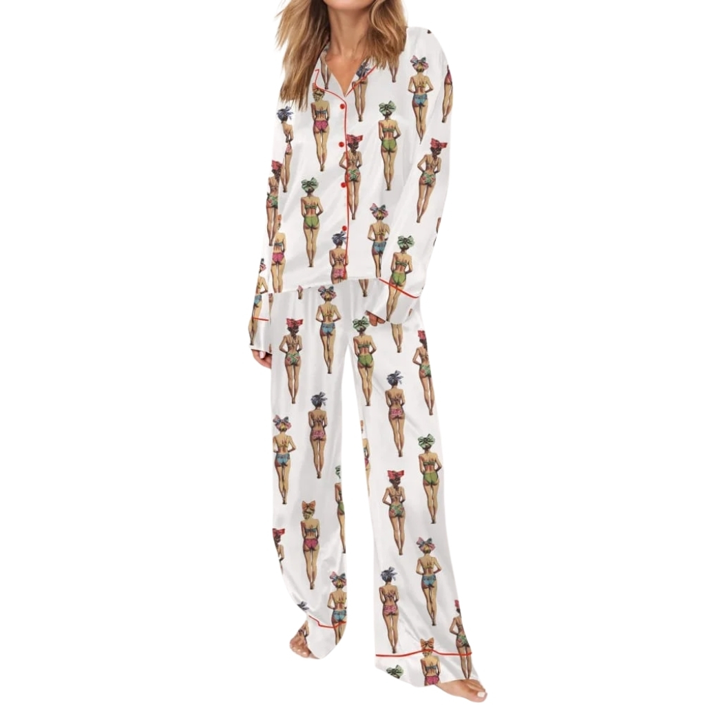 Vintage Swimsuit Ladies Printed Silky Satin Pajama Set