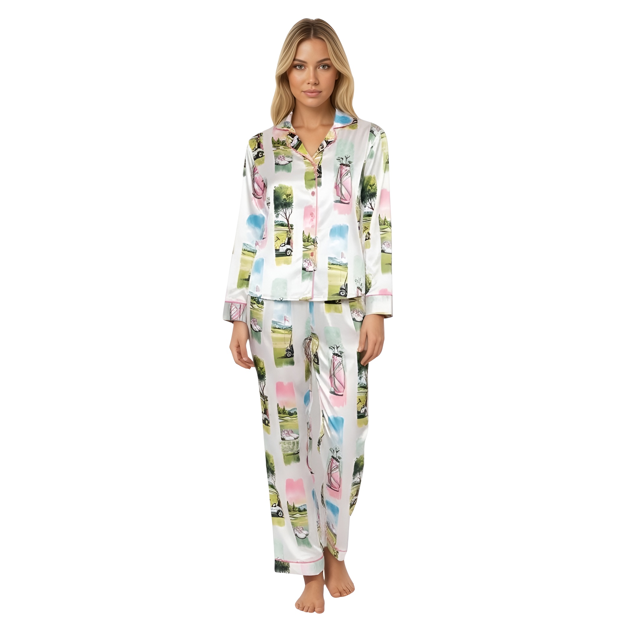Watercolor Golf Scene Printed Pajama Set