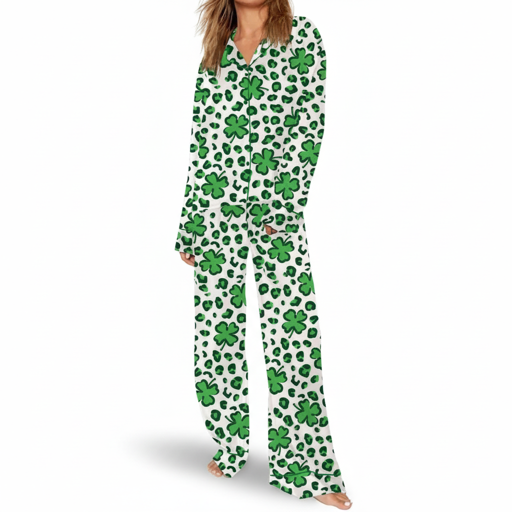 St Patricks Day Pajama Set With Clover And Camo Print