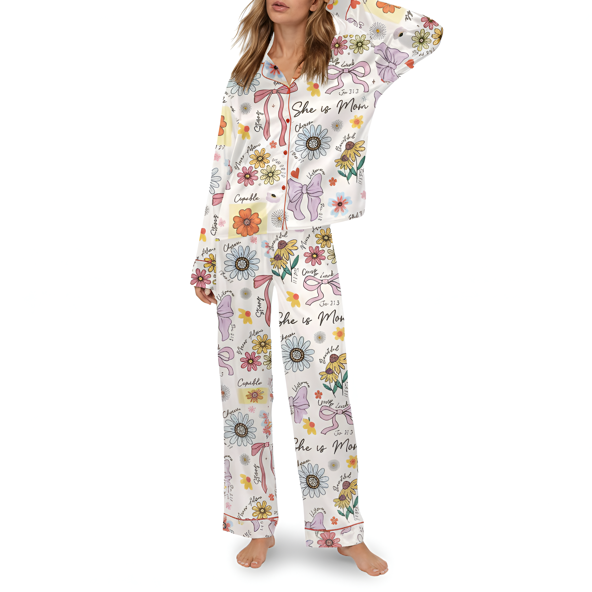She Is Mom Printed Satin Pajama Set
