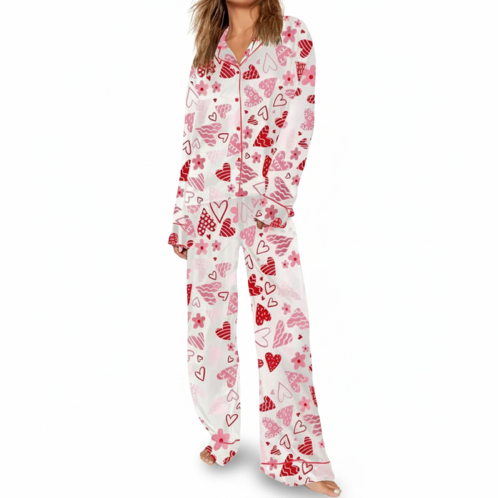 Printed Pajama Set With Button Front And Long Sleeves